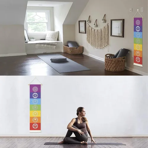 Vista 6 de Póster colgante de lienzo para meditación, 7 chakras, mandala, yoga, pintura Tapiz de yoga para colgar en la pared con 1 borla, decoración