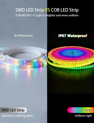 Vista 6 de Luces de tira LED COB, RGB Smart IC, IP67 Impermeable, Regulable 20FT/6M, Tira de luz con flujo de color con control de aplicación y sincronización
