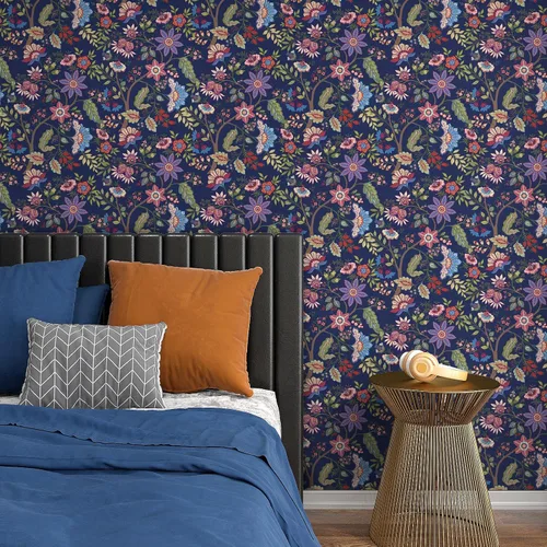 Vista 7 de VaryPaper Papel tapiz de 17.7 x 78.7 pulgadas, papel tapiz floral exótico azul para paredes, papel de contacto floral bohemio para paredes, papel