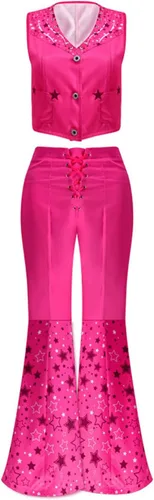 Vista 2 de Margot - Traje de cosplay de vaquera para mujeres y niñas, de los años 70 y 80, estilo hippie disco vintage, con sombrero, pantalón acampanado rosa