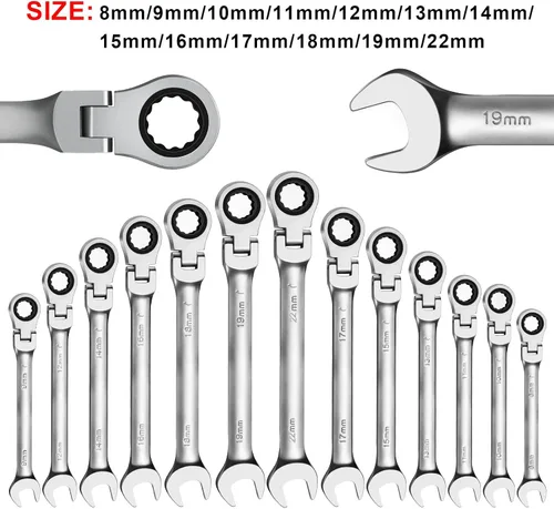 Vista 7 de WISEUP Llave de trinquete, llave CR-V de acero al cromo-vanadio de 0.315 in, llaves combinadas ajustables de 180 °, llave de trinquete de doble