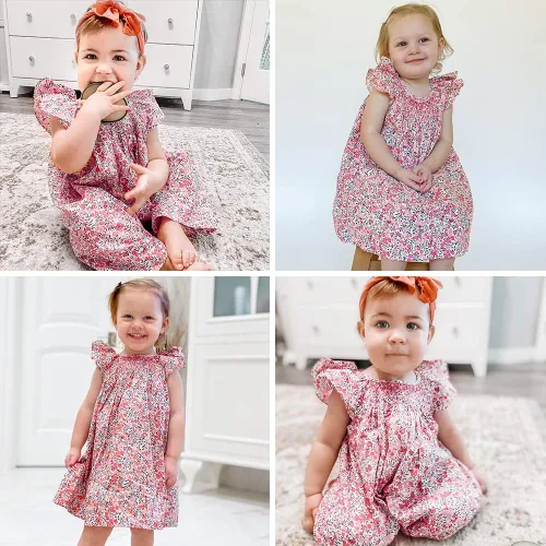 Vista 3 de Simplee kids Vestido fruncido de verano para niña, vestido casual de manga corta, estampado floral, vestido de princesa para niños pequeños