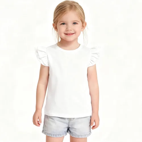 Vista 2 de 12M-14Y - Camiseta de algodón para niñas pequeñas, color sólido, blusa con volantes, camiseta casual de algodón