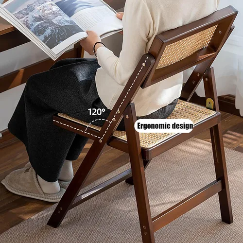 Vista 5 de KISKIS Sillas plegables de ratán de madera, portátil, ahorro de espacio, silla de comedor para balcón, sala de estar, con asiento elástico de malla
