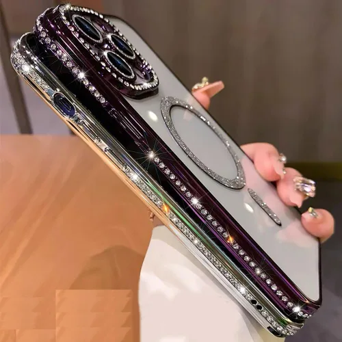 Vista 5 de Funda magnética de lujo con purpurina compatible con iPhone 13 Pro Max de 6.7 pulgadas, bonita funda transparente con diamantes de imitación