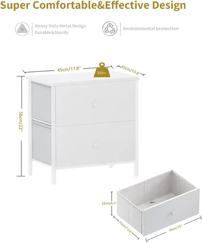 Vista 3 de BOLUO Mesita de noche blanca con 2 cajones para dormitorio, mesita de noche pequeña con cajones de tela, mesita de noche moderna
