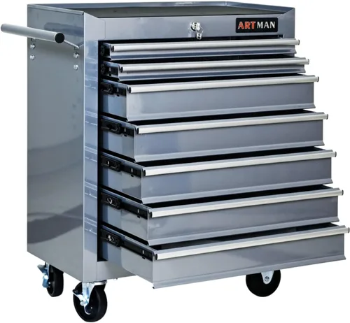 Vista 3 de 7-Drawer Rolling Tool Cart, Mobile Tool Storage Cabinet with Wheels & Locking Drawers, Steel Workshop Trolley with Ball Bearing Slides for Garage