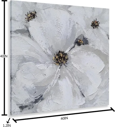 Vista 3 de SYGALLERIER Arte abstracto de pared de flores, pintura al óleo floral gris y blanca con adornos de lámina dorada, arte de pared de lienzo hecho a