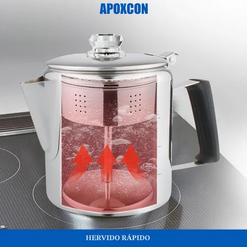 Vista 8 de Cafetera Percoladora Multiuso de Acero Inoxidable para Estufa con Dos Perillas de Vidrio Borosilicato Resistente Mango de Sílice Cafetera