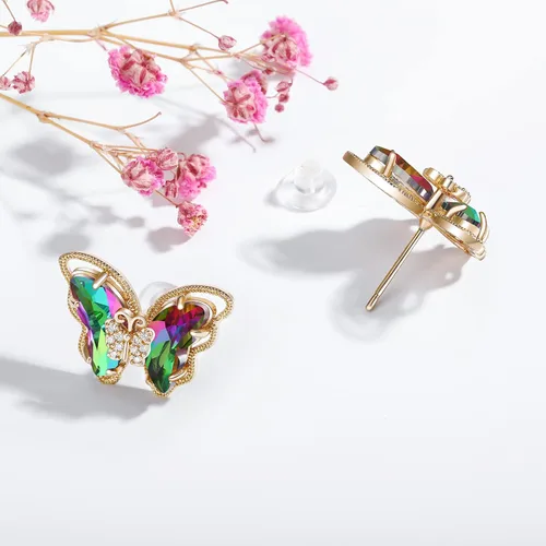 Vista 2 de Busycon - Aretes de mariposa para mujer, aguja plateada 925, cristales brillantes y piedras preciosas de mariposa, aniversario, cumpleaños, joyería