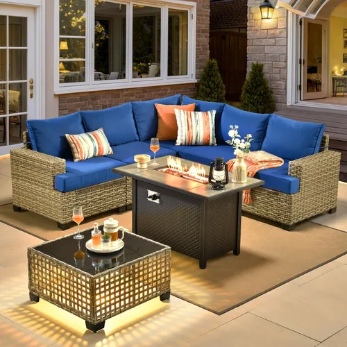 Vista 12 de HOOOWOOO Juego de muebles seccionales de patio con mesa de luz solar, 6 piezas de mimbre para exteriores, sofá en forma de L, juego de conversación