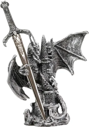 Vista 10 de Ebros Gift Dragón blindado de plata legendario sosteniendo orbe azul y espada draconiana abrecartas escultura escultura decorativa para el hogar