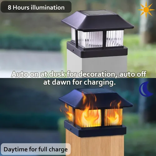 Vista 4 de Luces solares con tapa de poste de llama para exteriores, luz solar para poste de valla, lámparas LED de llama parpadeante, impermeables