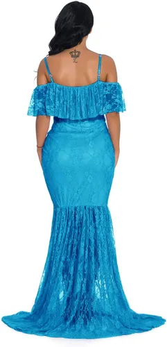 Vista 5 de ZIUMUDY Vestido de maternidad de encaje ajustado con mangas con volantes y hombros descubiertos, vestido de fotografía para baby shower
