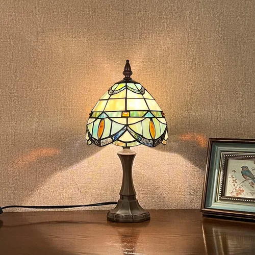 Vista 3 de Tiffany - Lámpara de mesa pequeña con vitrales, luz de mesa de estilo antiguo, lámpara de noche vintage para sala de estar, dormitorio, mesita