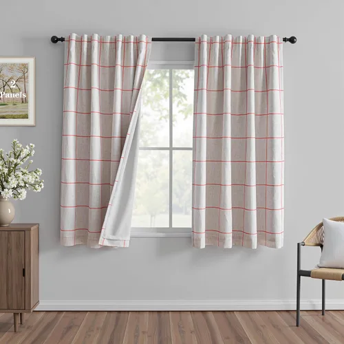 Vista 8 de MYSKY HOME Cortinas de Lino a Cuadros 100% Opacas de 45 Pulgadas de Largo de Doble Capa Estilo Granja con Aislamiento Térmico Estampado a Cuadros