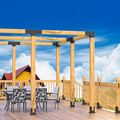 Vista 5 de Kit de pérgola para carpintería, 2 piezas, soportes para postes y vigas en T, soportes modulares para pérgola de tamaño modular para madera de 4 x