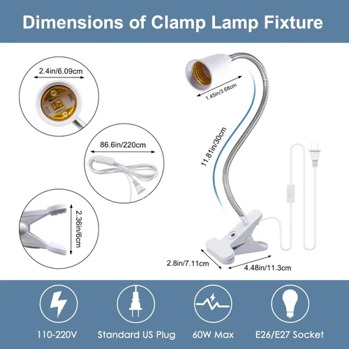 Vista 2 de Soporte de lámpara de aluminio flexible con clip para el cuello, enchufe ajustable 360, accesorio de luz de abrazadera E26/E27 con interruptor
