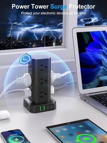Vista 5 de Regleta de alimentación de torre con múltiples salidas, protector de sobretensiones de enchufe plano, cable de extensión de torre con 12 tomas