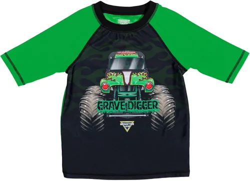 Vista 2 de Monster Jam Megalodon El Toro Loco Grave Digger - Conjunto de traje de baño y protector de erupción para niños pequeños