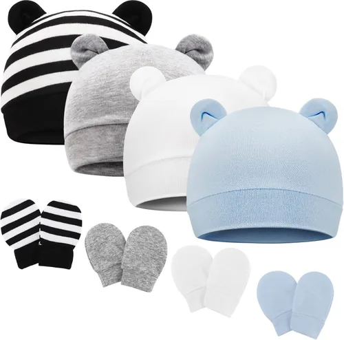 Vista 17 de DRESHOW Gorro de recién nacido con orejas de oso y manoplas, conjuntos de gorro de algodón para prematuros, gorro de bebé para niño y niña, gorro