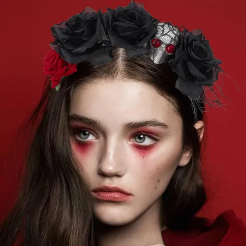 Vista 4 de Diadema de Halloween con diseño de rosas y flores, diadema para el Día de los Muertos, velo negro, diadema para mascarada, disfraz de festival