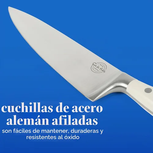 Vista 4 de Sur La Table Kitchen Essentials - Juego de 5 piezas de cuchillos de acero alemán con mango triple remachado en bloque magnético de madera de haya