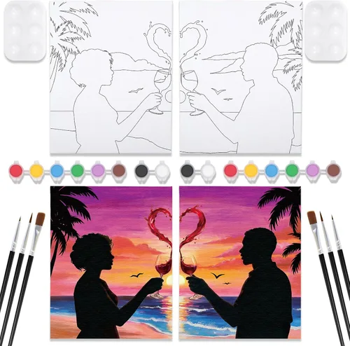 Vista 13 de VOCHIC Kit de pintura para sorbos y pinturas, lienzo predibujado para parejas, kit de pintura para adultos, citas, noche, puesta de sol, playa