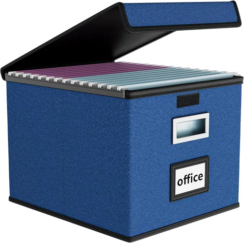 Vista 31 de Caja organizadora de archivos Huolewa con tapa, caja organizadora de carpetas de archivos colgantes de cuero sintético plegable con deslizadores
