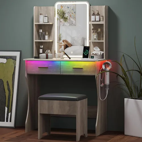 Vista 12 de HUANLEGO Pequeño escritorio rosa con espejo y luces para mujeres y niñas