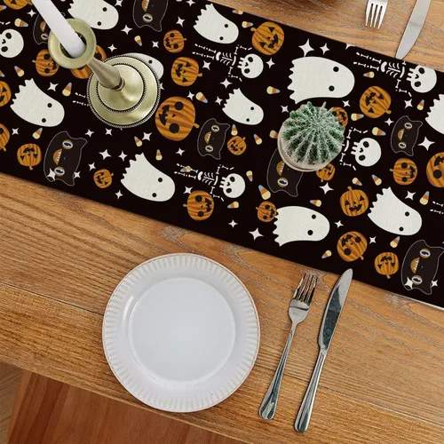 Vista 6 de Juego de 5 manteles individuales y camino de mesa de Halloween, fantasma, divertido de lino negro, de temporada, para cocina, comedor, hogar