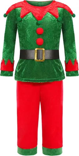 Vista 2 de Soyoekbt Disfraz de elfo de Navidad para niños, disfraz de ayudante de Papá Noel para niños y niñas, disfraz festivo de Navidad