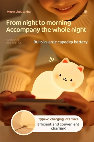 Vista 7 de Luz nocturna de gato para niños, lámpara de 7 colores, toque regulable, recargable portátil y esponjoso, luz nocturna LED de silicona, regalo
