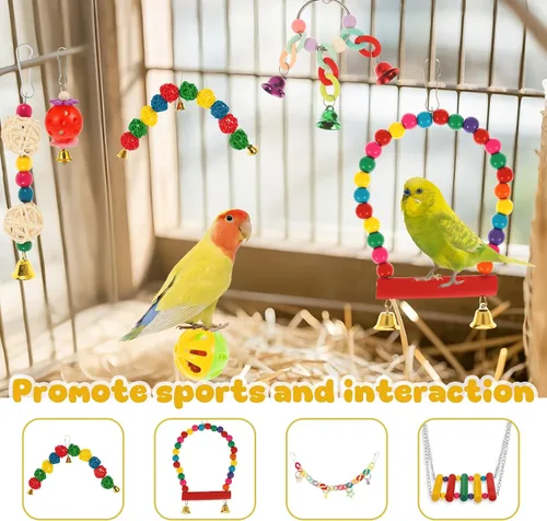 Vista 5 de 13 piezas de juguetes para pájaros de cacatúa, loros de madera, accesorios de jaula de periquitos, columpios de perca para pequeños juguetes