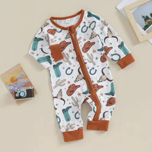 Vista 4 de Ropa occidental para bebé, ropa de manga larga, vaquero, con cremallera, overoles para otoño