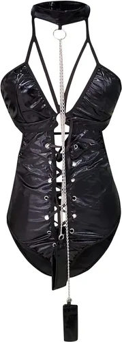 Vista 4 de NaRHbrg Lencería sexy para mujer, talla grande, cuello halter de cuero de PVC, body de una pieza, leotardo Catsuit Clubwear
