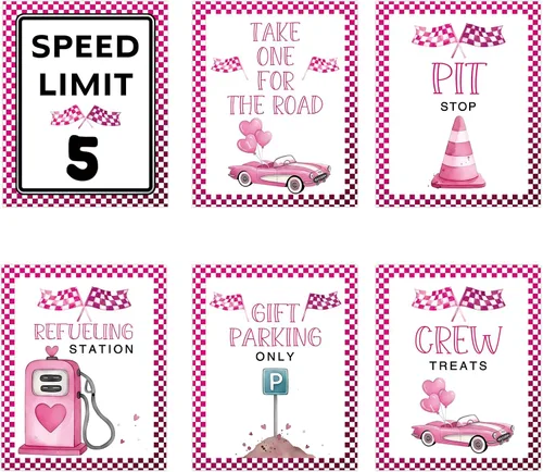 Vista 8 de Letreros de fiesta de primer cumpleaños de coche de carreras rosa, límite de velocidad, decoraciones de cumpleaños para niña, decoración rápida