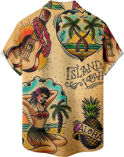 Vista 2 de Camisas tropicales con botones para hombre, camisas hawaianas de manga corta, casuales para vacaciones, camisas de playa holgadas Beige-playa escena