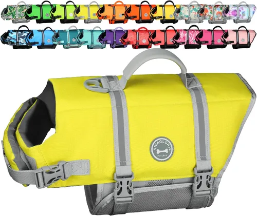 Vista 16 de VIVAGLORY Chaleco salvavidas para perros Rip Stop, chaleco de natación con asa, flotabilidad para perritos cachorros, chaleco salvavidas para perros