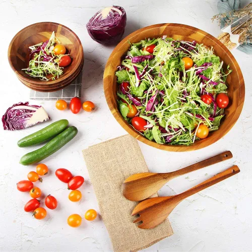 Vista 2 de AIDEA Ensaladeras, juego de ensaladeras de madera, cuenco grande de madera de acacia para servir frutas, ensalada, ensaladera grande de 12.5