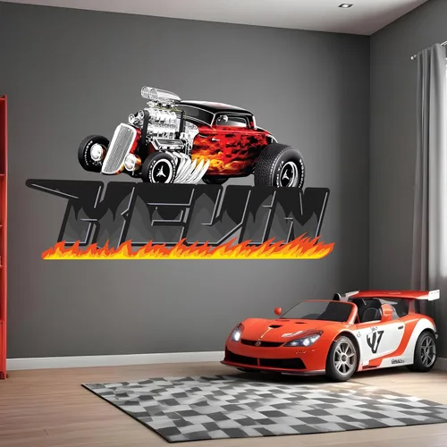 Vista 4 de Decoración de habitación de coches, calcomanía de pared con nombre de bandera de carreras, arte de pared personalizado para niños, bebés y niños