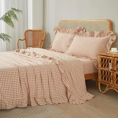 Vista 3 de LifeTB Blue Gingham Ruffle Full Sheets Set 4 Piece Boho Plaid Bed Sheets
