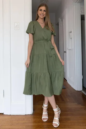 Vista 5 de PRETTYGARDEN Vestidos de verano para mujer 2023, cuello en V, manga corta, bohemio, vestido midi con lazo en la cintura, vestidos de playa