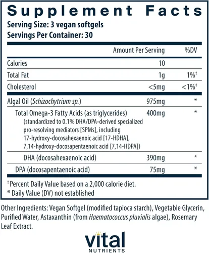 Vista 2 de Vital Nutrients Ultra Pure® Vegan Omega SPM+ - Suplemento de omega-3 para mediadores especializados en resolución profesional (SPM) - Alivio menor