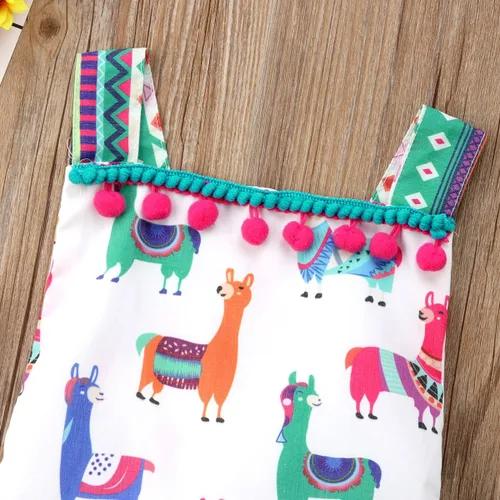 Vista 4 de Lamuusaa Mameluco de verano para bebé recién nacido y niña con patrón de alpaca colorido