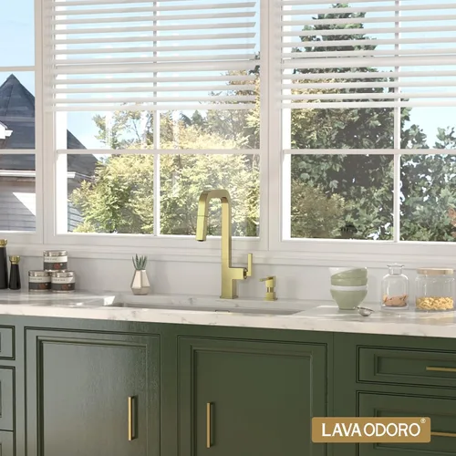 Vista 2 de Lava Odoro Dispensador de jabón para fregadero de cocina, dispensador de jabón dorado para fregadero, moderno y cuadrado integrado para fregadero