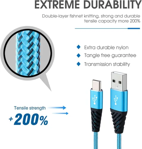 Vista 7 de Bynccea Cable de carga tipo C de 10 pies, paquete de 4 cables de carga rápida USB A a USB C, cargador de teléfono celular, nailon trenzado