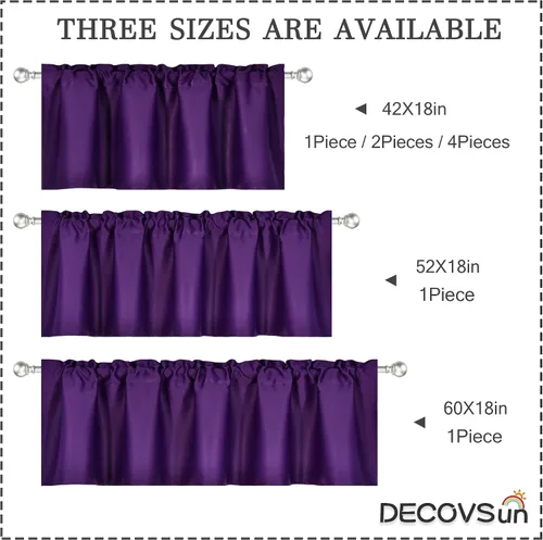 Vista 3 de DECOVSUN Cenefa morada para ventanas de 60 x 18 pulgadas, aislamiento térmico sólido, bolsillo para cortinero, cenefa corta para cocina, cenefa