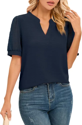 Vista 5 de NILOUFO Camisas casuales de verano para mujer, de manga corta, cuello en V, blusas de moda
