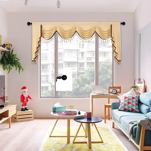 Vista 17 de ELKCA Cenefa de Cascada Jacquard con Cuentas de Lujo Beige Cenefas de Cortinas de Ventana para Sala de Estar, Bolsillo para Varilla, 1 Panel
